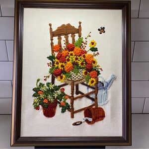 Vintage Crewel Floral Embroidered Art with Wooden Frame